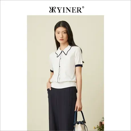 YINER音儿专柜女装2022夏季新款娃娃领小众针织衫上衣女商品大图