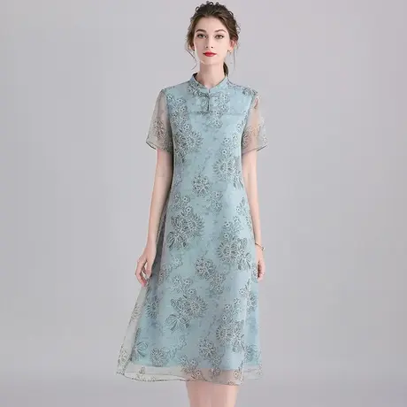 水墨青华夏季新品时尚修身A字裙优雅收腰显瘦中长短袖连衣裙图片