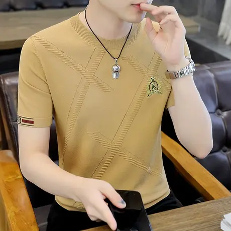 高端冰丝圆领短袖t恤男2023夏季新款时尚修身休闲针织打底衫男士T商品大图