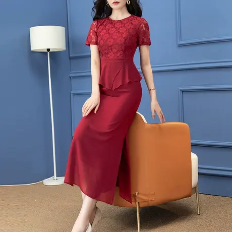 首尚格释拼接连衣裙女2023新款修身喜妈妈婆婆婚宴装夏款雪纺红色图片