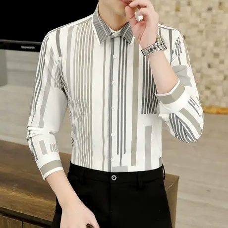高级感不对称条纹衬衫男士长袖秋季潮流英伦痞帅商务休闲免烫衬衣图片