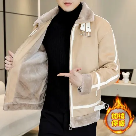 冬季加绒加厚夹克男士潮牌帅气机车服麂皮绒皮衣保暖棉衣外套袄子商品大图