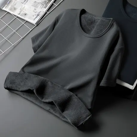 圆领短袖t恤男装纯色秋冬季保暖加绒加厚潮流修身半袖打底衫体恤商品大图