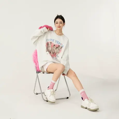 yep猫咪花灰色卫衣女春秋款美式复古温柔系圆领无帽外套上衣潮牌图片