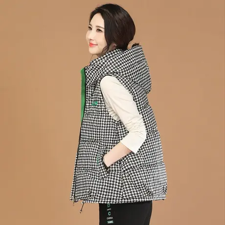 韩潮袭人时尚连帽千鸟格马甲2023冬季新款加厚保暖休闲坎肩外套图片