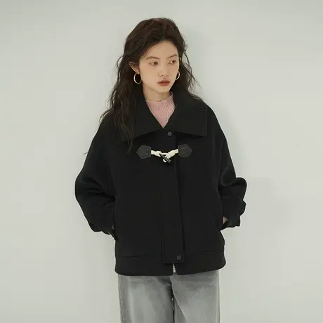 omont蛋挞家  复古牛角扣呢子短外套2023秋冬新款宽松毛呢大衣女商品大图