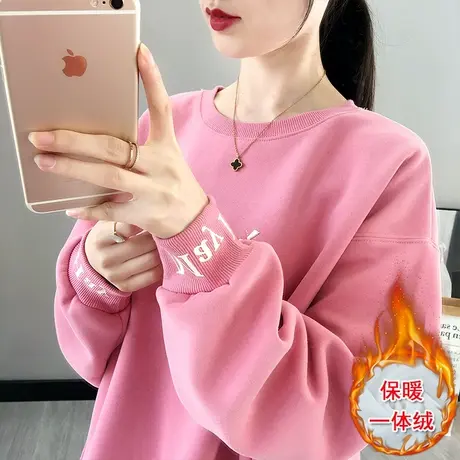 加绒加厚卫衣女秋冬厚新款2023年韩版宽松圆领小众保暖一体绒上衣图片
