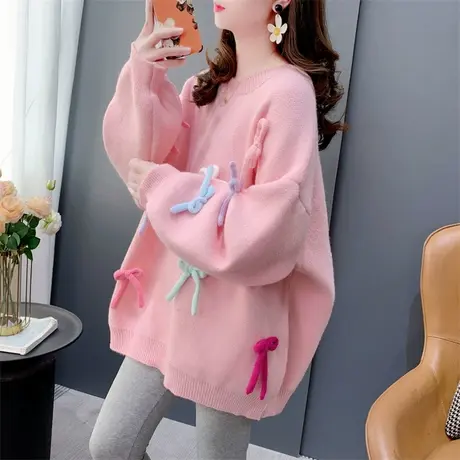 温柔风洋气减龄甜美圆领毛衣女秋冬新款宽松慵懒风高级感针织上衣商品大图