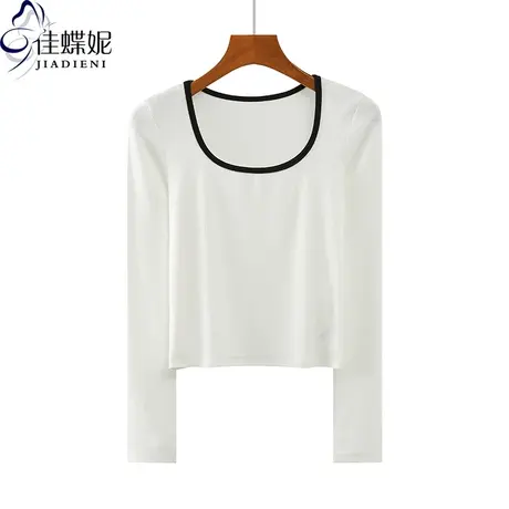 春季新款韩版圆领拼色修身显瘦纯色纯棉长袖体恤上衣内搭女打底衫图片