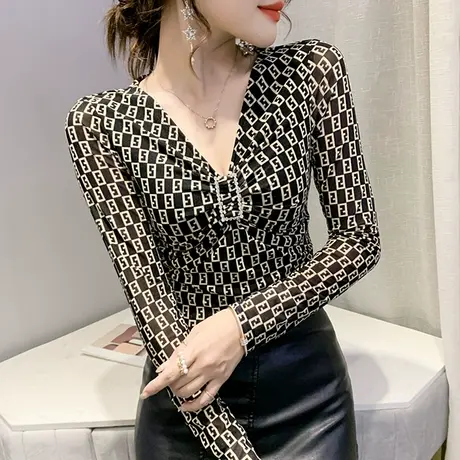 2024春秋新款性感V领交叉T恤长袖复古印花网纱上衣紧身内搭打底衫商品大图