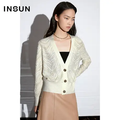 COVER春季斑马纹亮丝V领羊毛混纺针织衫商品大图