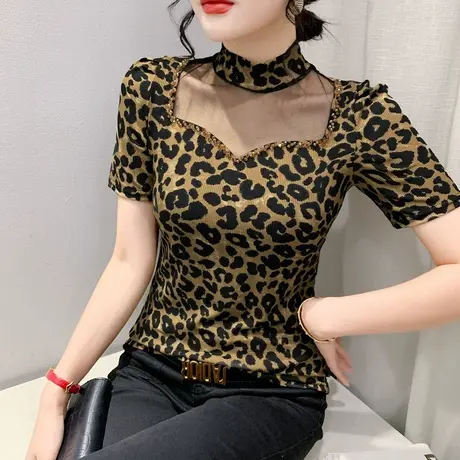 欧货时尚豹纹T恤女短袖性感网纱拼接小衫洋气钉珠镂空上衣半袖夏图片