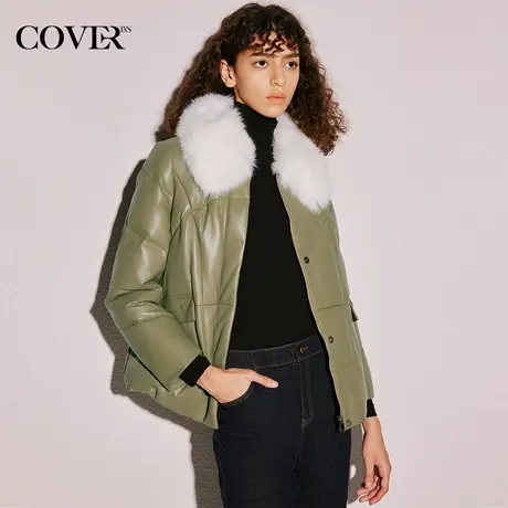 COVER冬季弧线压线狐狸毛领皮羽绒服商品大图