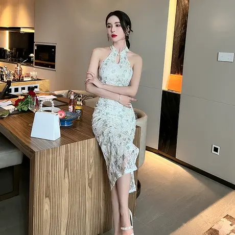 气质修身露肩无袖改良旗袍女2023新款平时可穿印花开叉礼服连衣裙商品大图