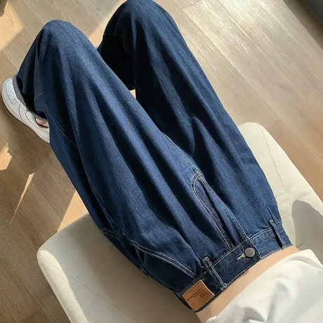 深蓝色牛仔裤女宽松2023年春秋新款女装小个子阔腿胖mm萝卜老爹裤商品大图