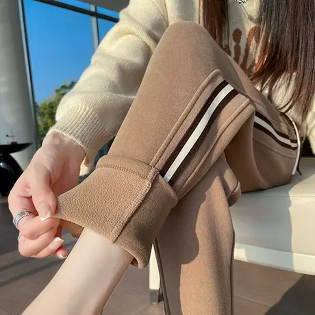 卡其色运动裤女秋冬2023新款高腰束脚萝卜裤加绒加厚休闲哈伦卫裤图片
