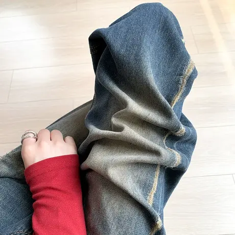 复古阔腿牛仔裤女设计感小众磨破2023年新款秋季直筒宽松拖地长裤商品大图