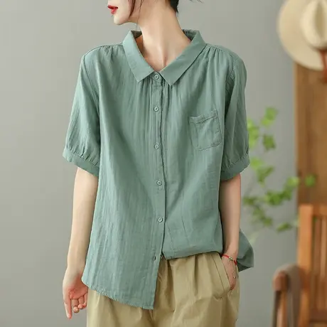 dza 复古纯棉白色短袖衬衫女2023夏薄款口袋衬衣休闲宽松开衫上衣图片