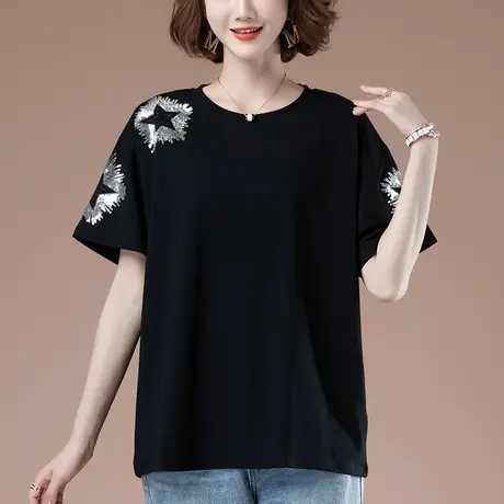 短袖t恤女夏季宽松加肥加大码女装纯棉洋气百搭减龄遮肚半袖体恤商品大图