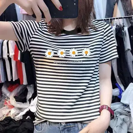 欧洲站2024夏季纯棉黑白条纹短袖t恤女修身显瘦韩版卡通上衣ins潮商品大图