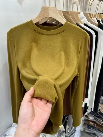 欧货圆领针织衫加绒加厚T恤2022秋冬新款女装软糯上衣高级打底衫商品大图