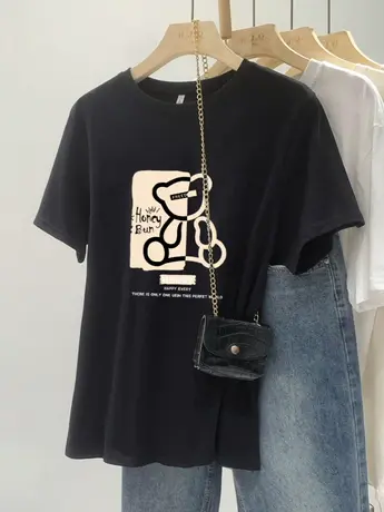 黑色甜酷仿棉短袖t恤女2023新款小众设计感宽松显瘦百搭卡通上衣商品大图