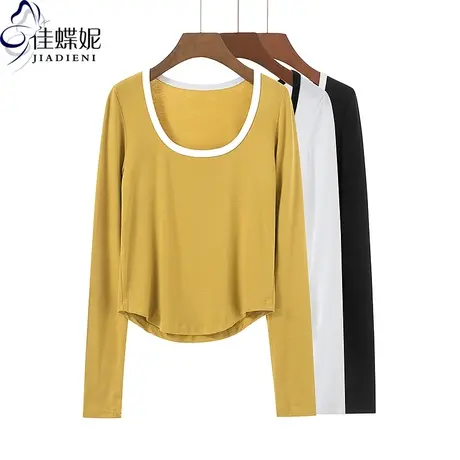 秋冬新款U领撞色拼接纯棉纯色圆弧短款纯欲长袖体恤上衣女打底衫商品大图