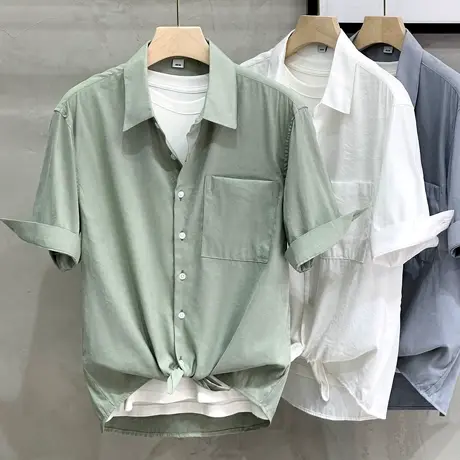 铜氨丝冰丝垂感男装夏季新款搭配日系纯色短袖衬衫男宽松百搭外套商品大图