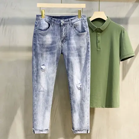 男士九分破洞牛仔裤男潮牌夏潮修身小脚浅色夏季薄款韩版潮流裤子图片