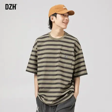 男士全棉条纹t恤男短袖圆领潮牌夏天男装衣服2023新款夏季体恤衫商品大图