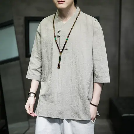 中国风复古休闲男装T恤大码潮流休闲汉服棉麻透气五分袖上衣衬衫商品大图