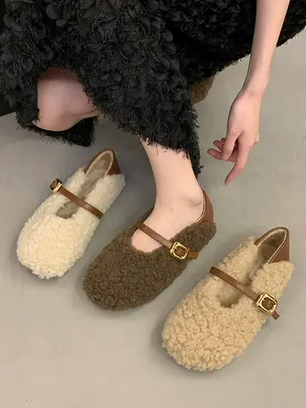 羊羔毛两穿豆豆鞋女2023年秋季新款棉瓢鞋小众设计感玛丽珍毛毛鞋商品大图