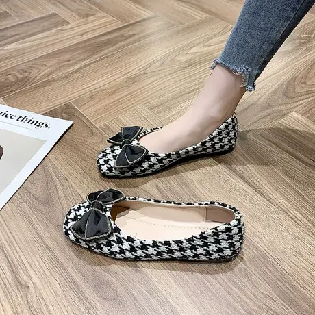 小香风蝴蝶结平底单鞋女2024春秋新款软底千鸟格法式方头豆豆瓢鞋商品大图