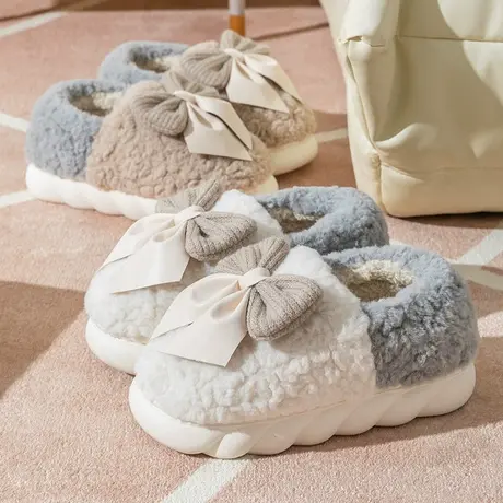 蝴蝶结棉拖鞋女冬款可爱包跟保暖家居家室内防滑毛绒冬季厚底棉鞋商品大图