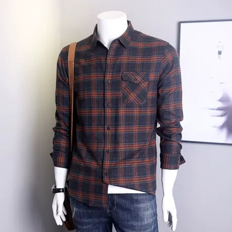 格慕施德绒男士长袖衬衫商务休闲法兰绒磨毛保暖舒适格子衬衣服商品大图