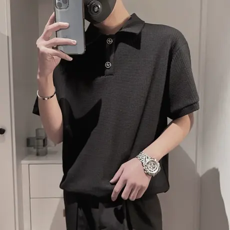 夏季男士t恤polo衫短袖翻领半袖宽松潮牌潮流华夫格时尚休闲体恤商品大图