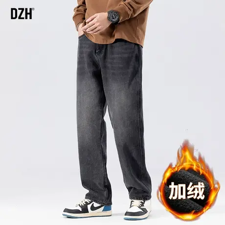 男士黑灰色加绒牛仔裤男直筒高街美式休闲裤子2024新款冬季老爹裤商品大图