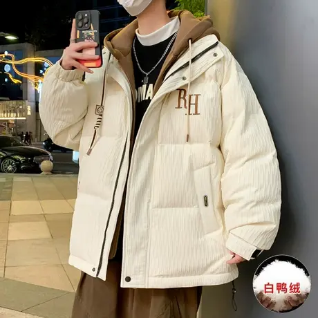 潮牌港风连帽羽绒服男冬季加厚保暖面包服青少年假两件白鸭绒外套图片