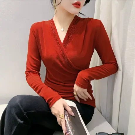 设计感镂空V领网纱烫钻褶皱长袖打底衫洋气内塔上衣女修身T恤春装图片