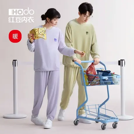 红豆情侣睡衣保暖抗静电海岛绒休闲珊瑚绒秋冬加厚女士家居服套装商品大图