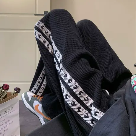 侧边编织条纹华夫格裤子男秋冬拼接运动裤潮牌宽松直筒阔腿休闲裤商品大图