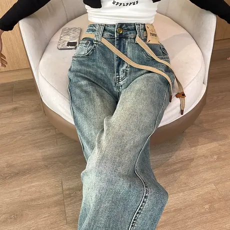 设计感绑带直筒牛仔裤女春秋季高腰宽松显瘦垂感水洗阔腿拖地裤子商品大图