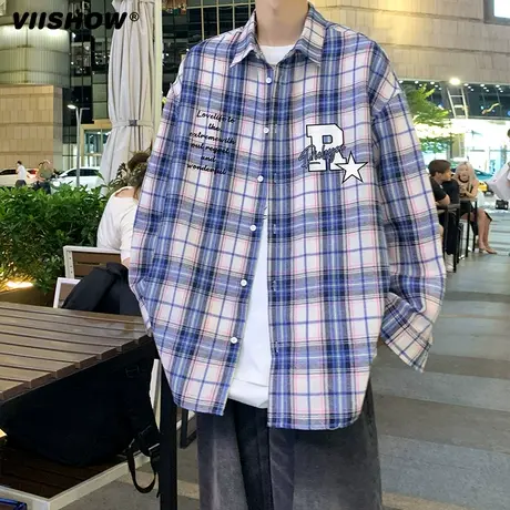 VIISHOW2024新款条纹格子衬衫外套长袖男士港风复古穿搭潮流宽松商品大图