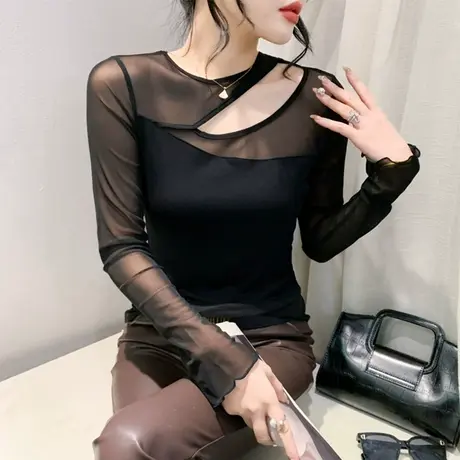 性感镂空拼接纯色心机T恤女网纱洋气减龄内塔上衣修身长袖打底衫商品大图