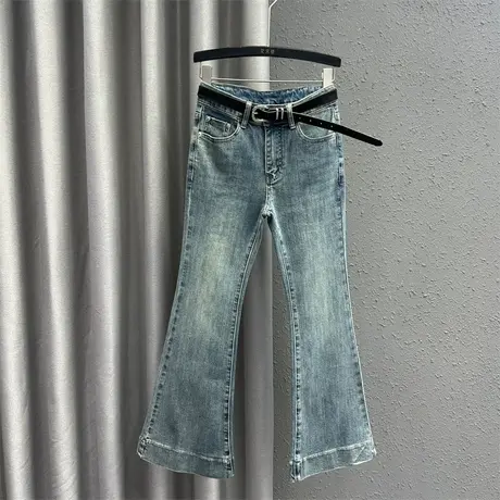 欧货复古休闲牛仔微喇裤女2024春季新款高腰显瘦弹力百搭拖地裤潮商品大图