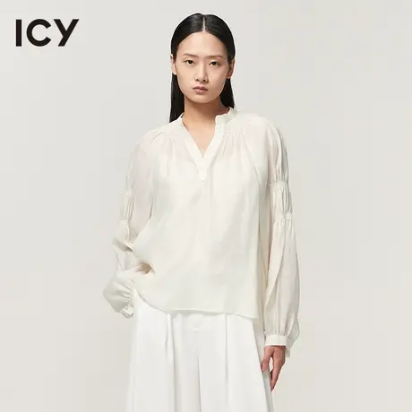 icy女装新款时尚通勤风V领褶皱灯笼袖设计感小衫衬衫上衣女图片