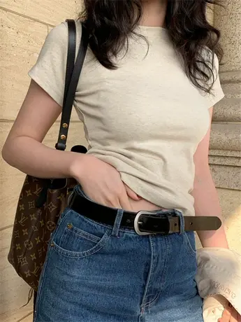 正肩显瘦圆领短袖T恤女2024夏季新款春秋内搭打底衫通勤上衣小众图片