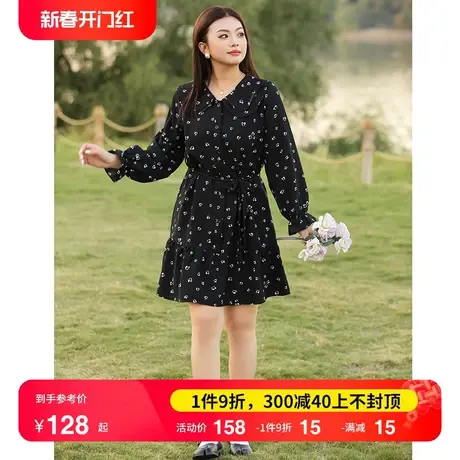 2024年秋装新款娃娃领减龄大码连衣裙收腰显瘦胖MM黑色雪纺碎花裙图片