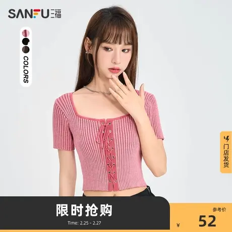 三福短袖t恤女2024新款春秋抽绳撞色短款毛衣辣妹纯棉上衣473869商品大图
