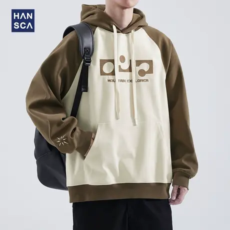 hansca秋冬季撞色插肩袖卫衣男士连帽长袖上衣宽松青少年休闲外套商品大图
